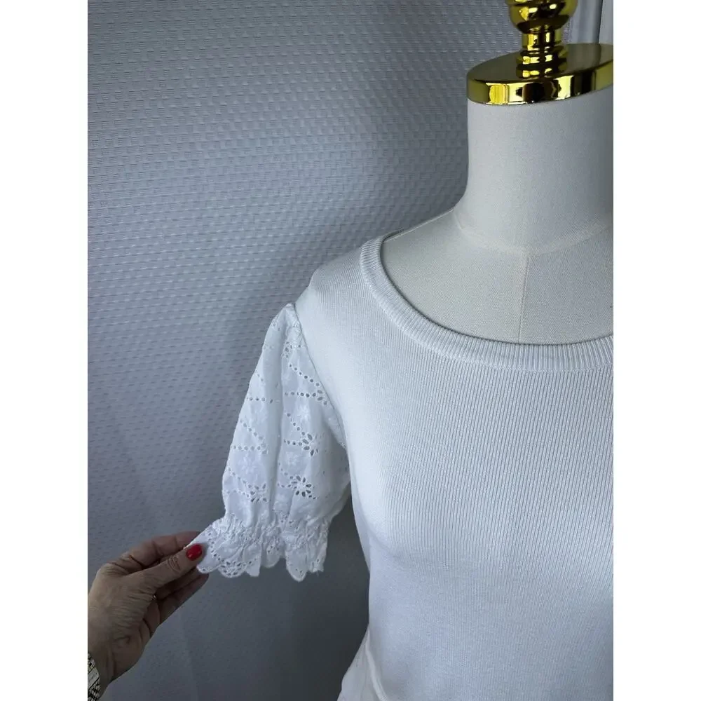 Anthropologie English Factory Eyelet Puff-Sleeve Sweater Tee Anthro Large